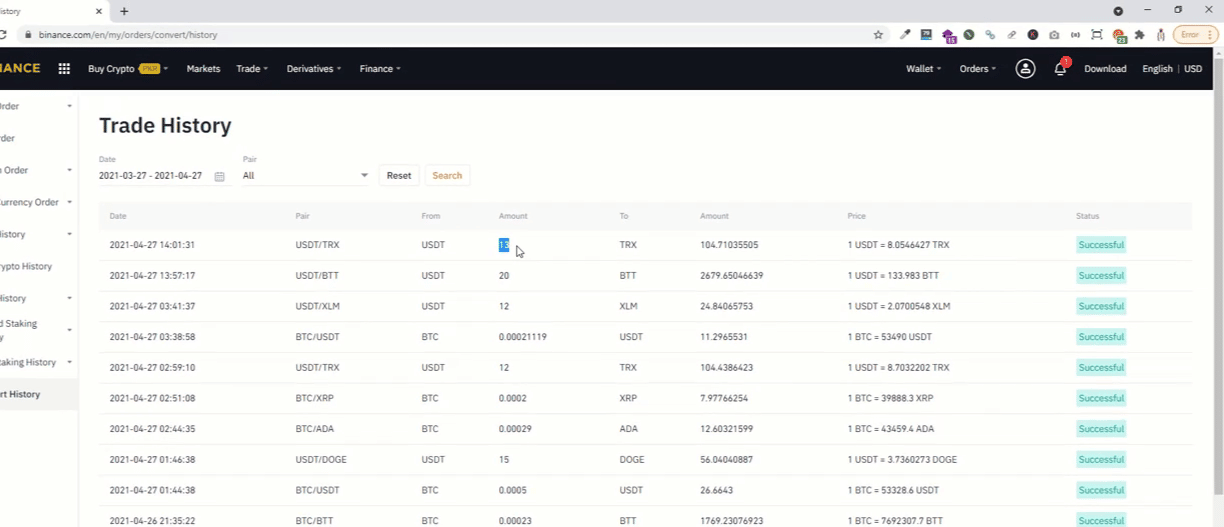 trasaction conversion on binance